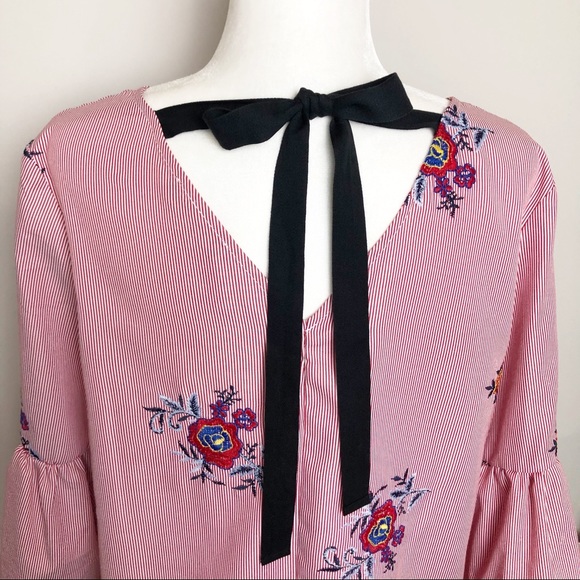 Nine West Red and White PinStripe Bell Sleeve Top | Small - Picture 8 of 14